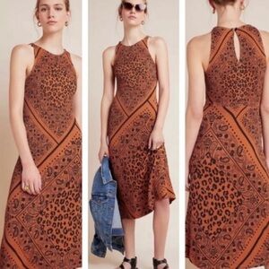 ANTHROPOLOGIE x FARM RIO Alyse Brown Printed Midi Dress Size XS